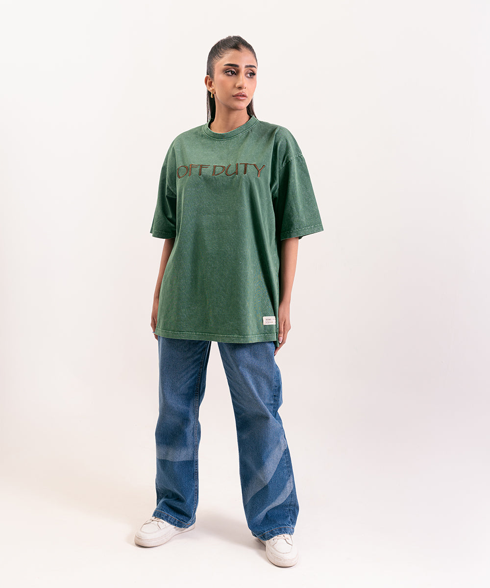 Oversized Green Off-Duty Acid Wash T-Shirt For Women