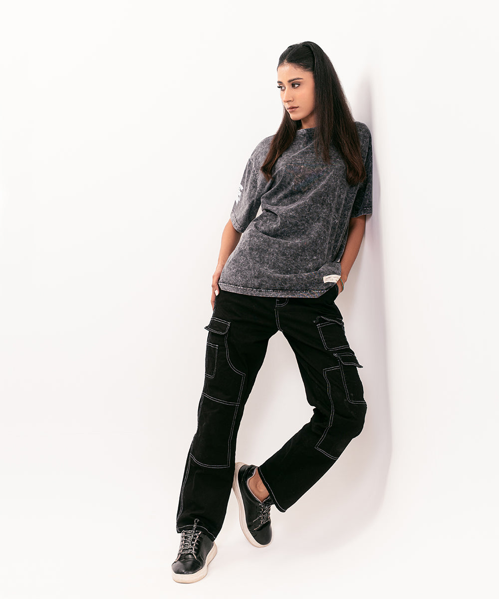 Acid Wash Over sized Graphic T-Shirt For Women