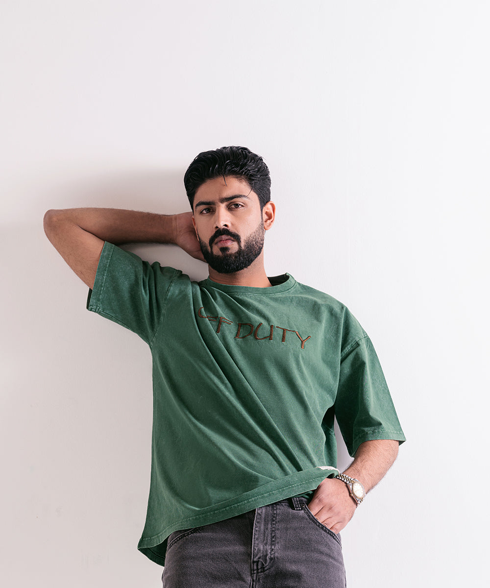 Oversized Green Off-Duty Acid Wash T-Shirt For Men