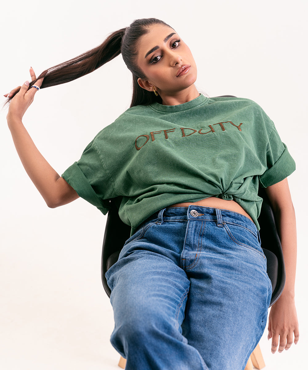 Oversized Green Off-Duty Acid Wash T-Shirt For Women