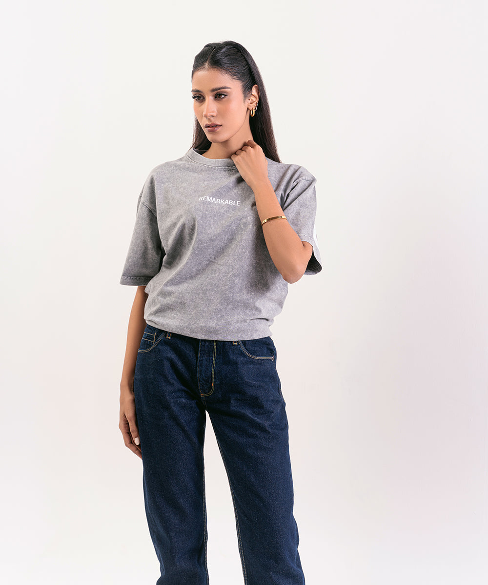 Oversized Grey Acid Wash T-Shirt For Women